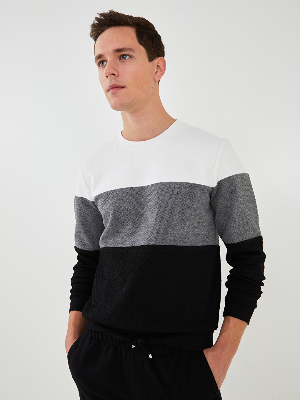 Gri Bisiklet Yaka Uzun Kollu Renk Bloklu Erkek Sweatshirt