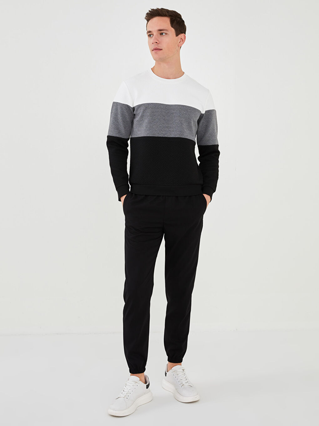 Gri Bisiklet Yaka Uzun Kollu Renk Bloklu Erkek Sweatshirt-2