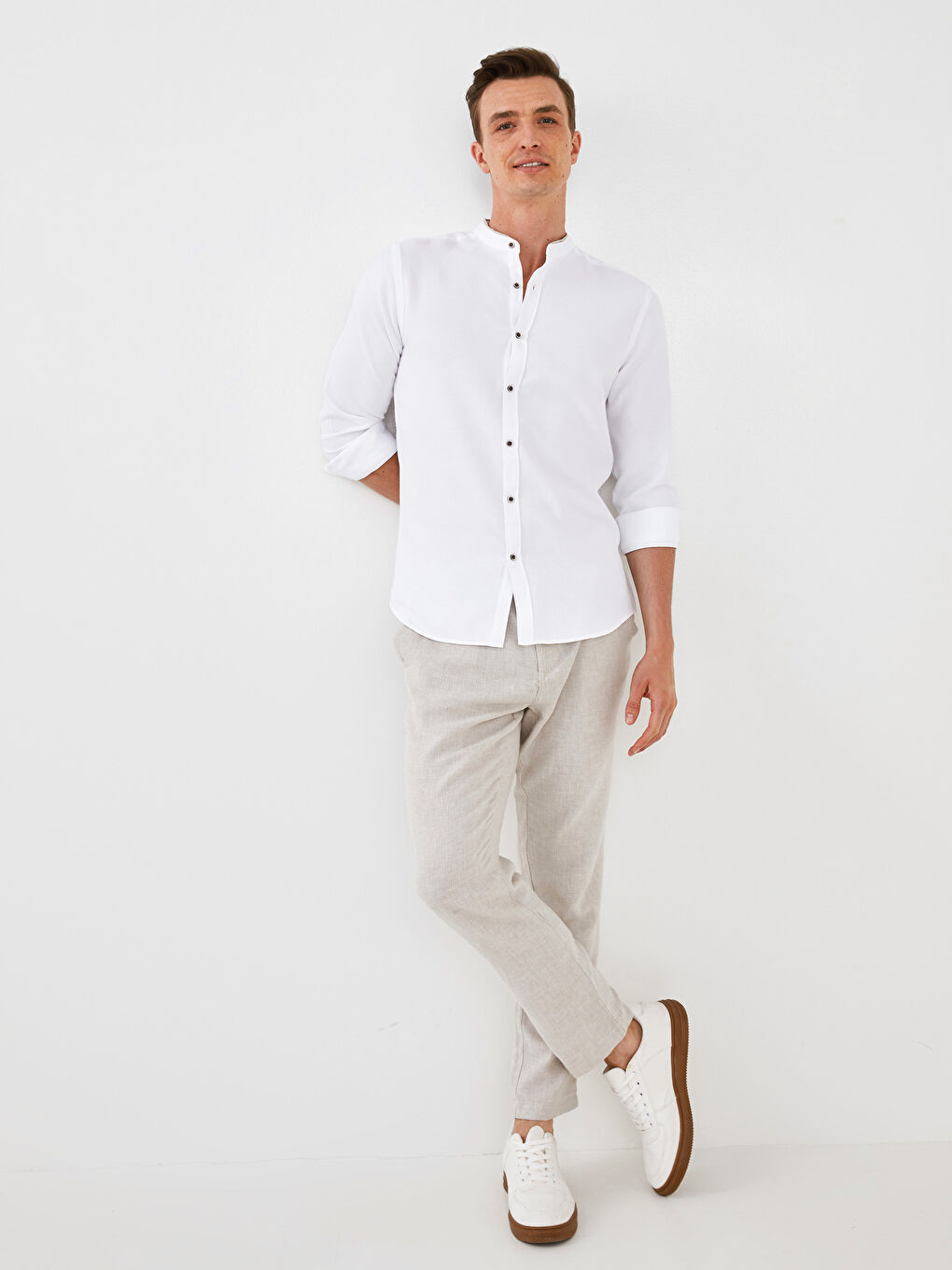 Slim Fit Grandad Collar Long Sleeve Men's Shirt-2