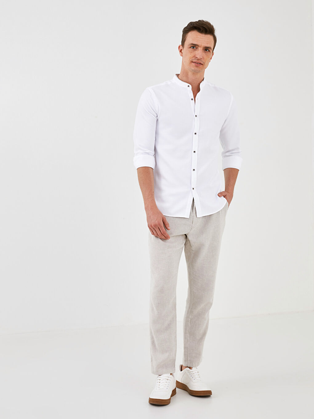 Slim Fit Grandad Collar Long Sleeve Men's Shirt-3