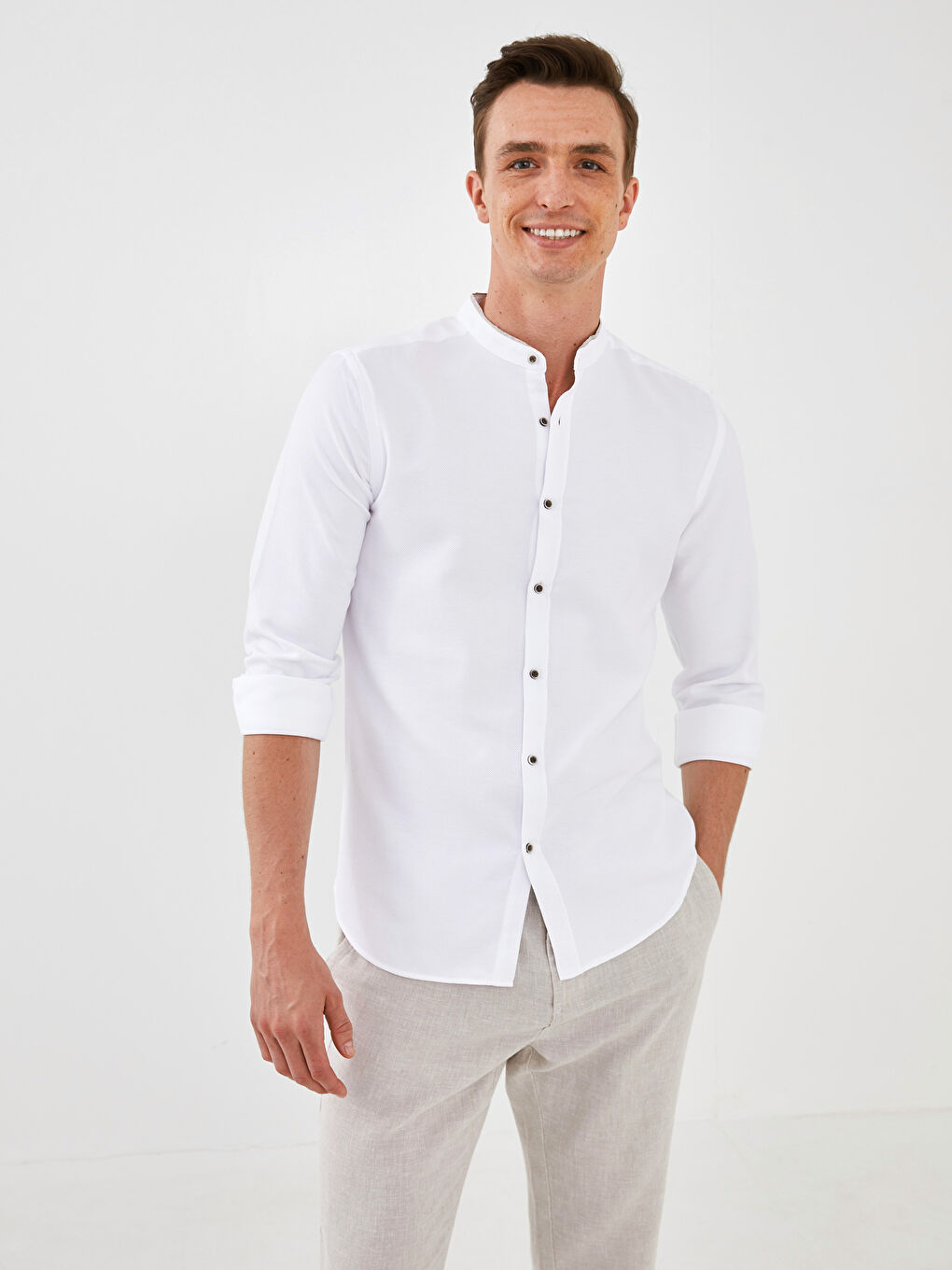 Slim Fit Grandad Collar Long Sleeve Men's Shirt-5