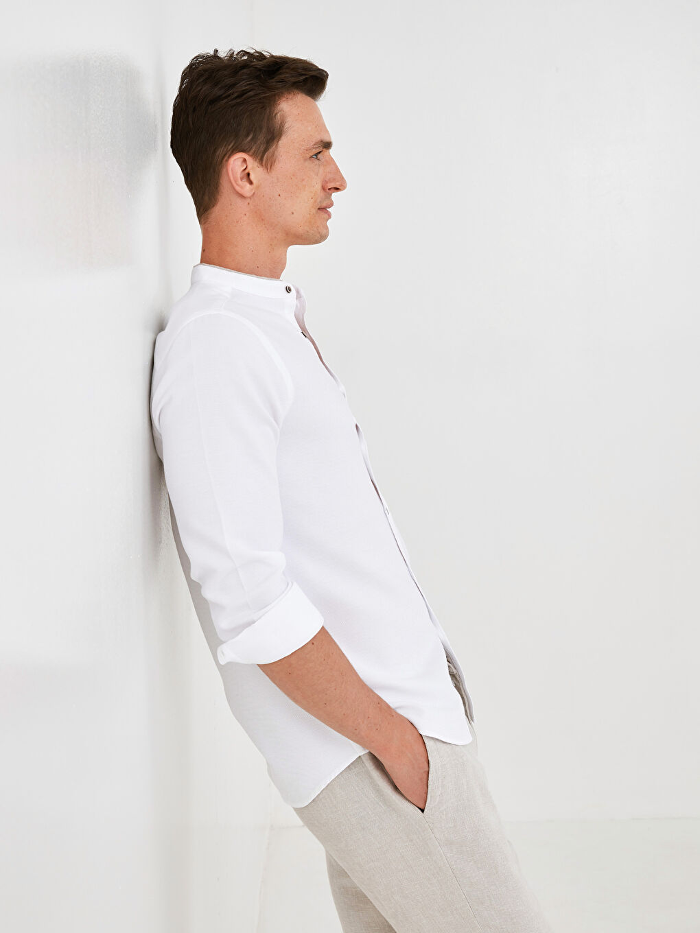 Slim Fit Grandad Collar Long Sleeve Men's Shirt