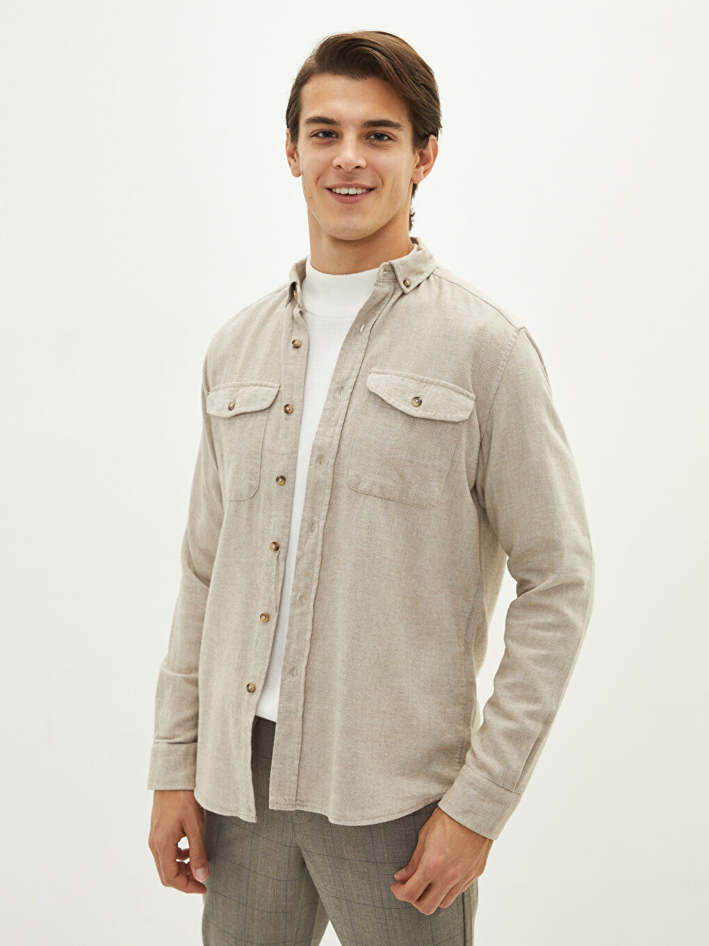Bej Slim Fit Uzun Kollu Erkek Gömlek