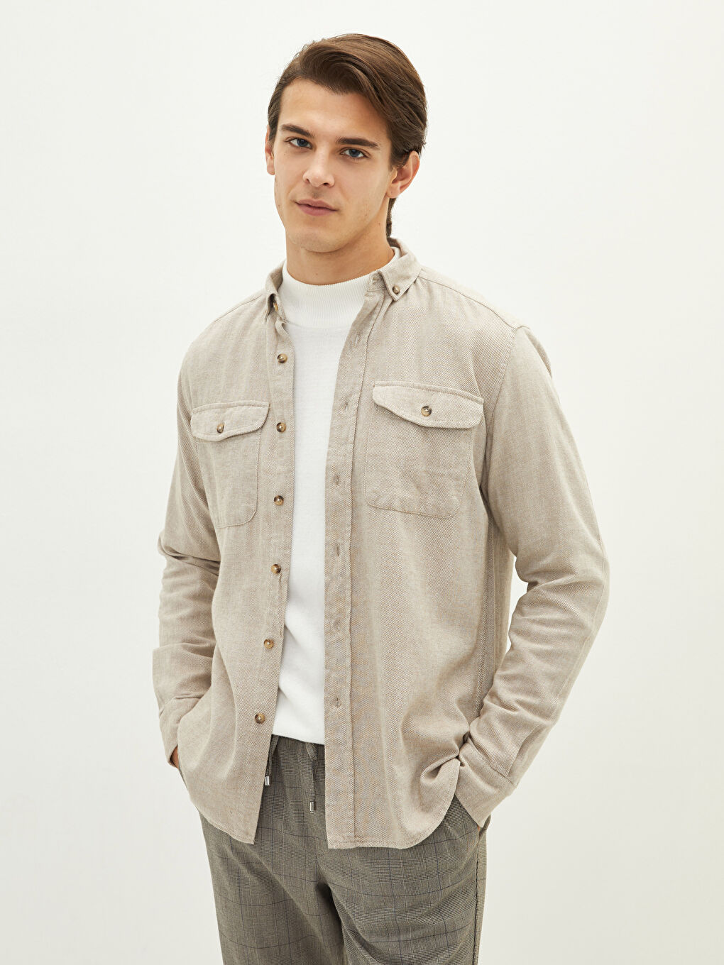 Bej Slim Fit Uzun Kollu Erkek Gömlek-1