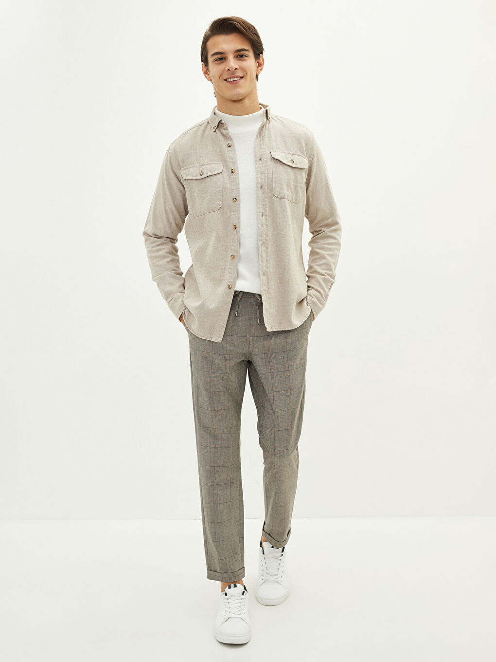 Bej Slim Fit Uzun Kollu Erkek Gömlek-2