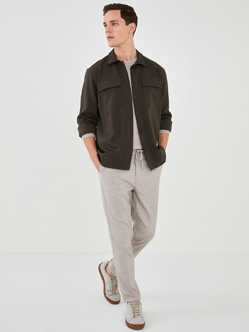 Haki Rahat Kalıp Uzun Kollu Erkek Gömlek Ceket-2