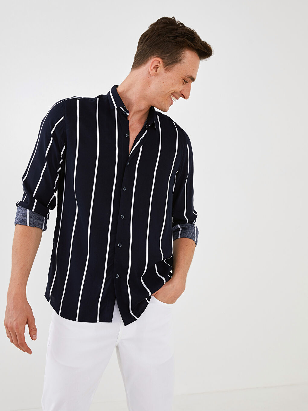 Usko Prugasto Viskoza Muška Košulja Dugih Rukava-1