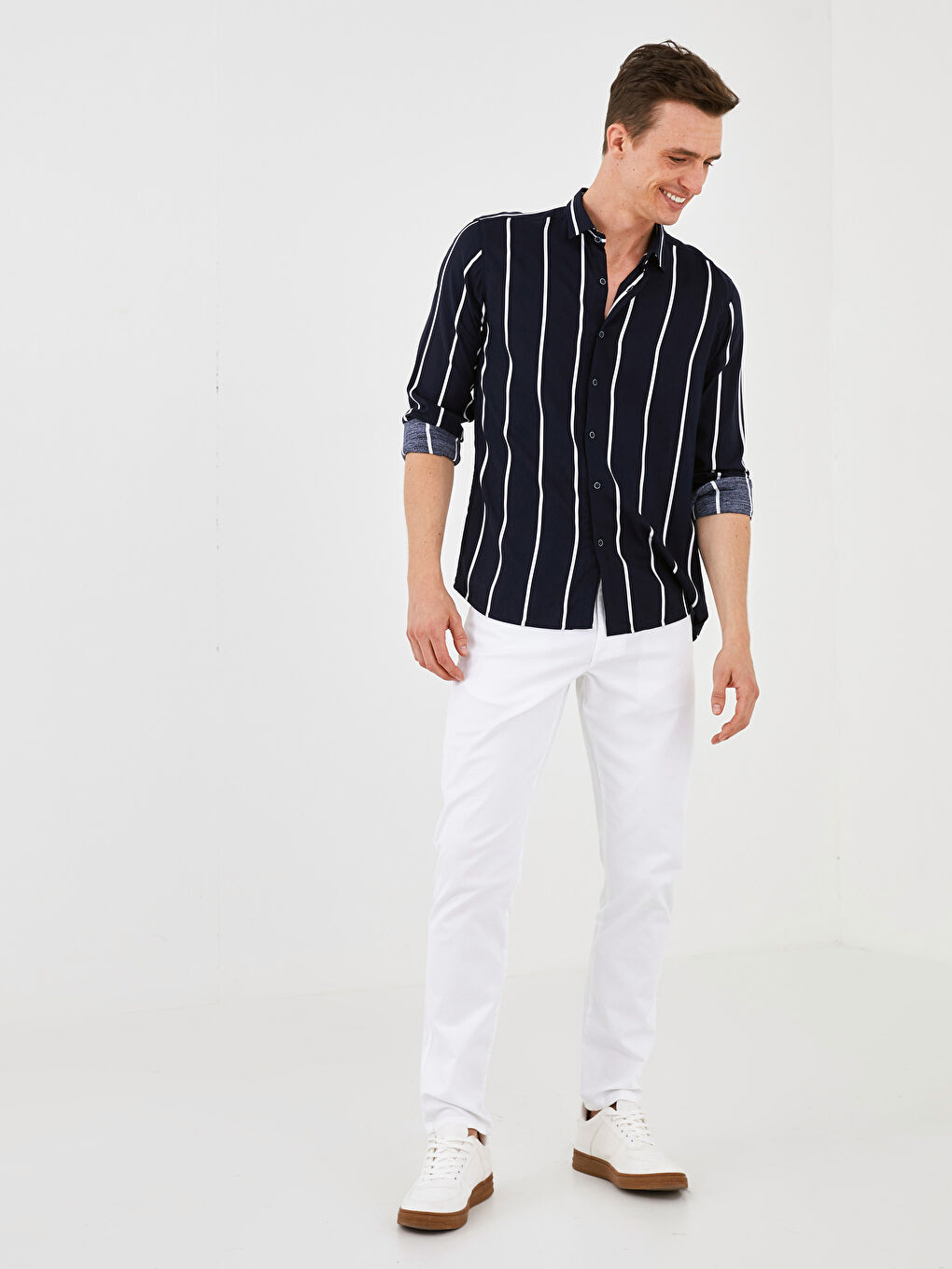 Usko Prugasto Viskoza Muška Košulja Dugih Rukava-3