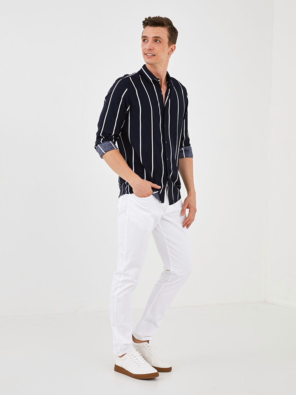 Usko Prugasto Viskoza Muška Košulja Dugih Rukava-4