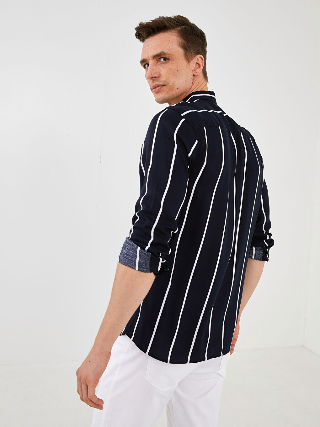 Usko Prugasto Viskoza Muška Košulja Dugih Rukava-6