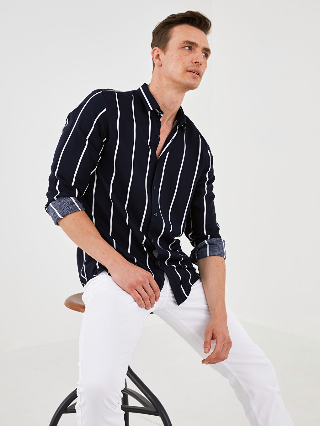 Usko Prugasto Viskoza Muška Košulja Dugih Rukava