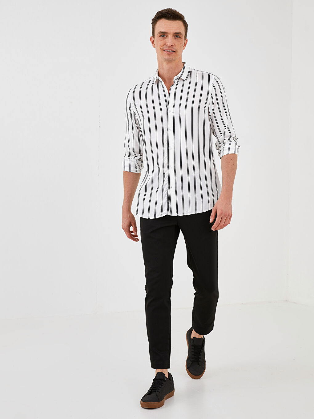 Beyaz Slim Fit Uzun Kollu Çizgili Viskon Erkek Gömlek-2