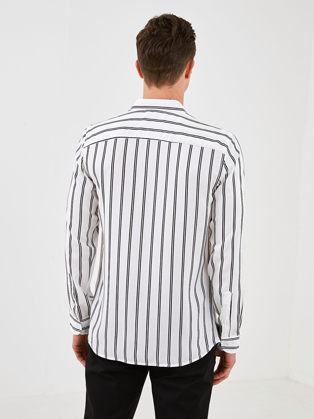 Beyaz Slim Fit Uzun Kollu Çizgili Viskon Erkek Gömlek-4