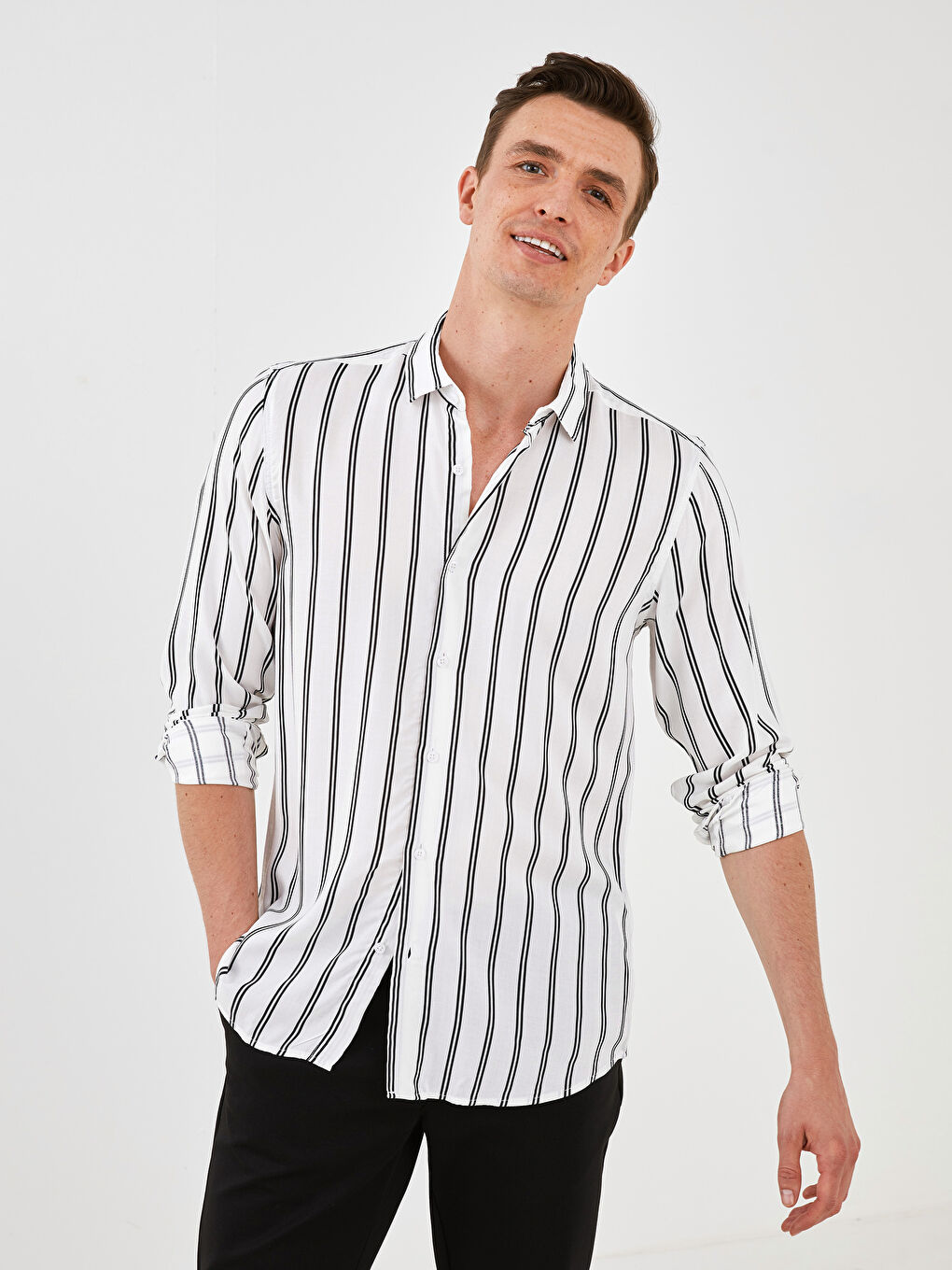 Beyaz Slim Fit Uzun Kollu Çizgili Viskon Erkek Gömlek-5