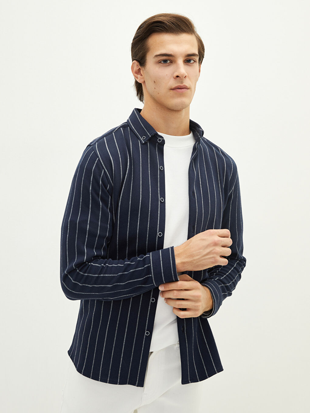 Lacivert Slim Fit Uzun Kollu Çizgili Erkek Gömlek