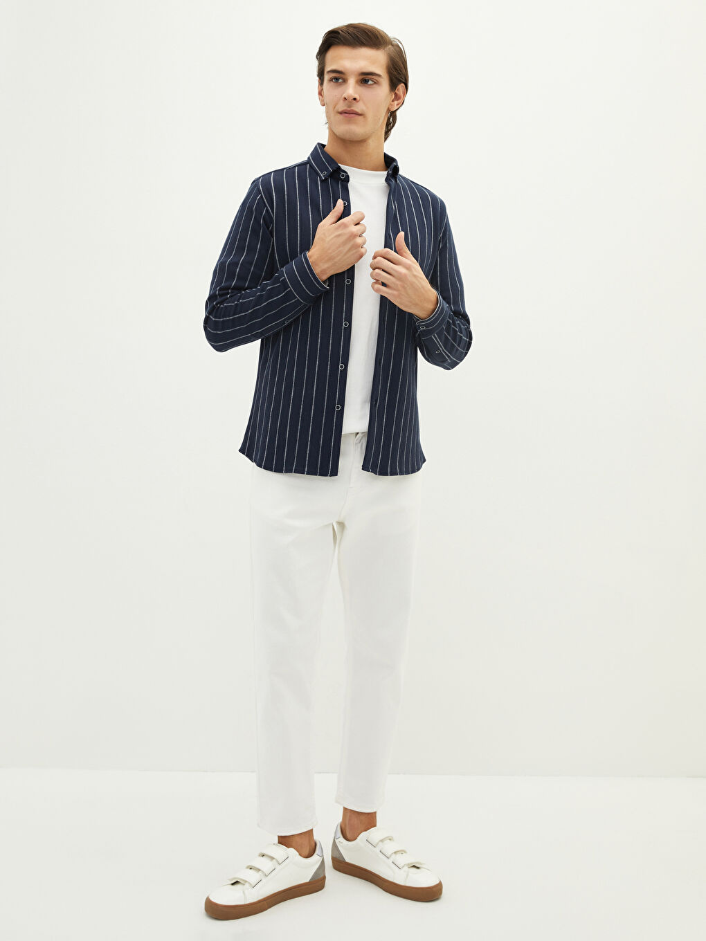 Lacivert Slim Fit Uzun Kollu Çizgili Erkek Gömlek-2