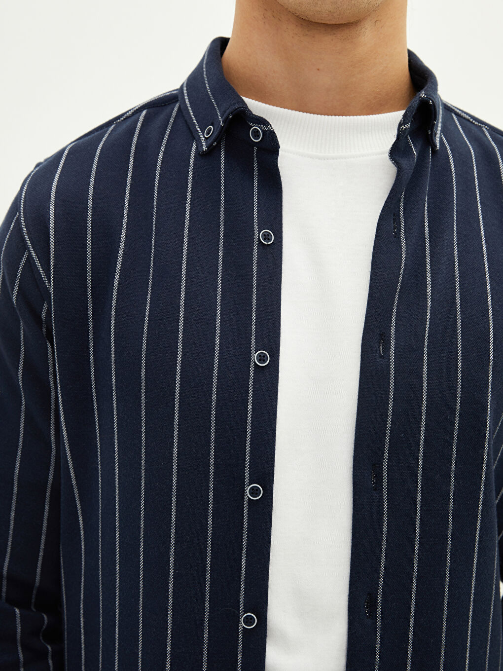 Lacivert Slim Fit Uzun Kollu Çizgili Erkek Gömlek-3