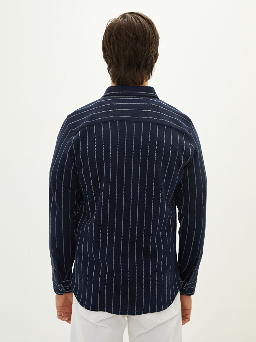 Lacivert Slim Fit Uzun Kollu Çizgili Erkek Gömlek-4