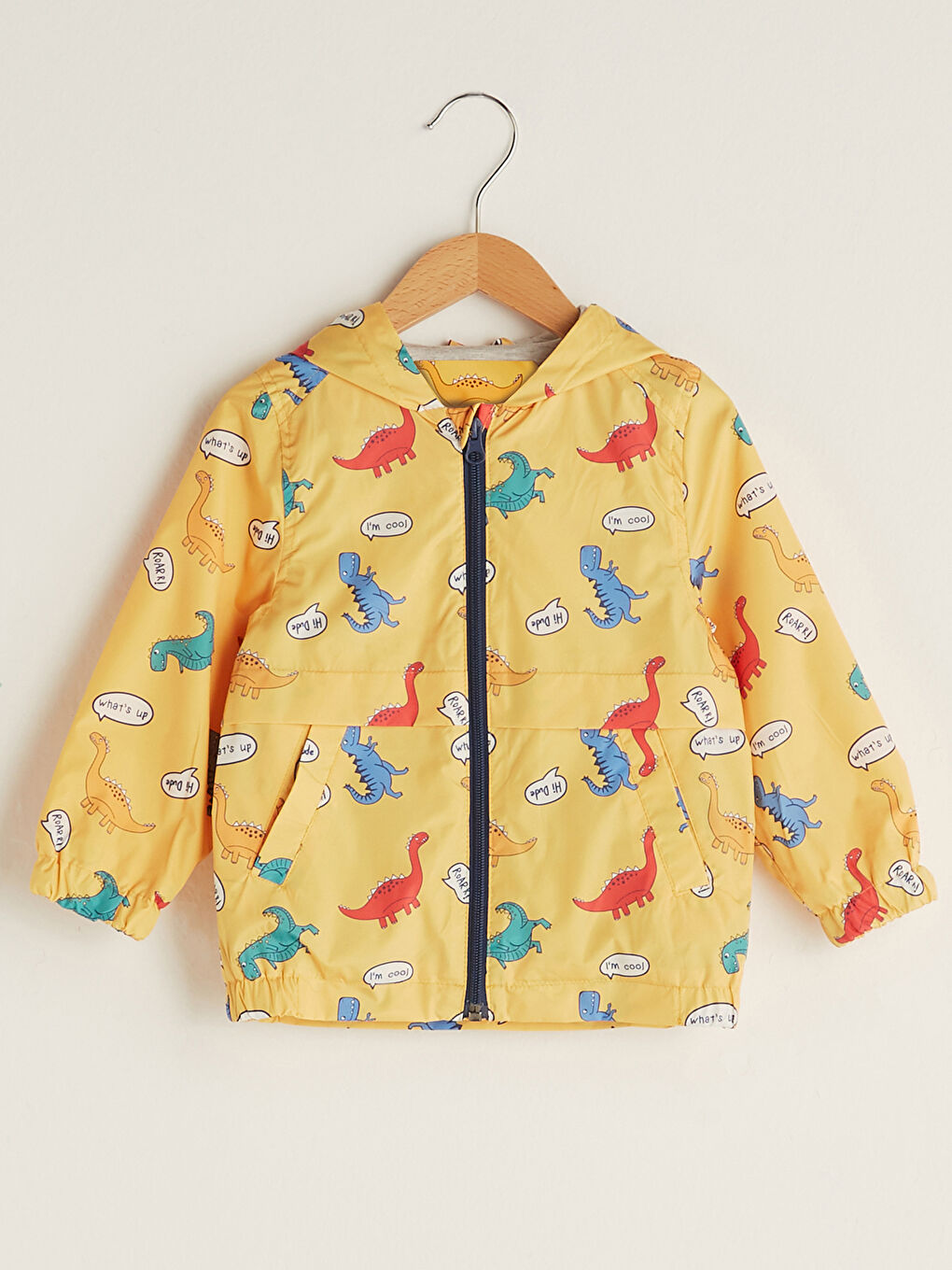 Sarı Kapüşonlu Uzun Kol Baskılı Erkek Bebek Fermuarlı Mont
