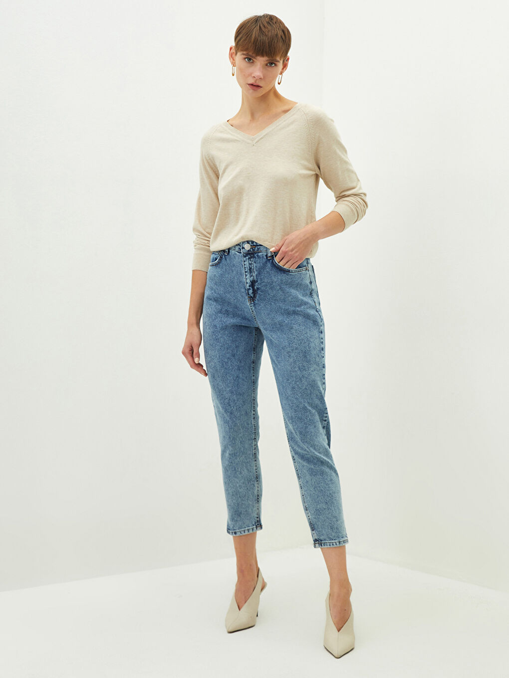 V Neck Plain Long Sleeve Women's Knitwear Sweater-3