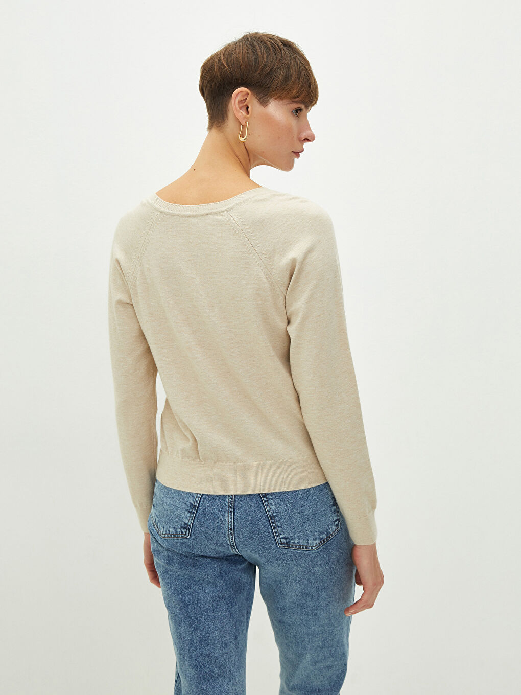 V Neck Plain Long Sleeve Women's Knitwear Sweater-4