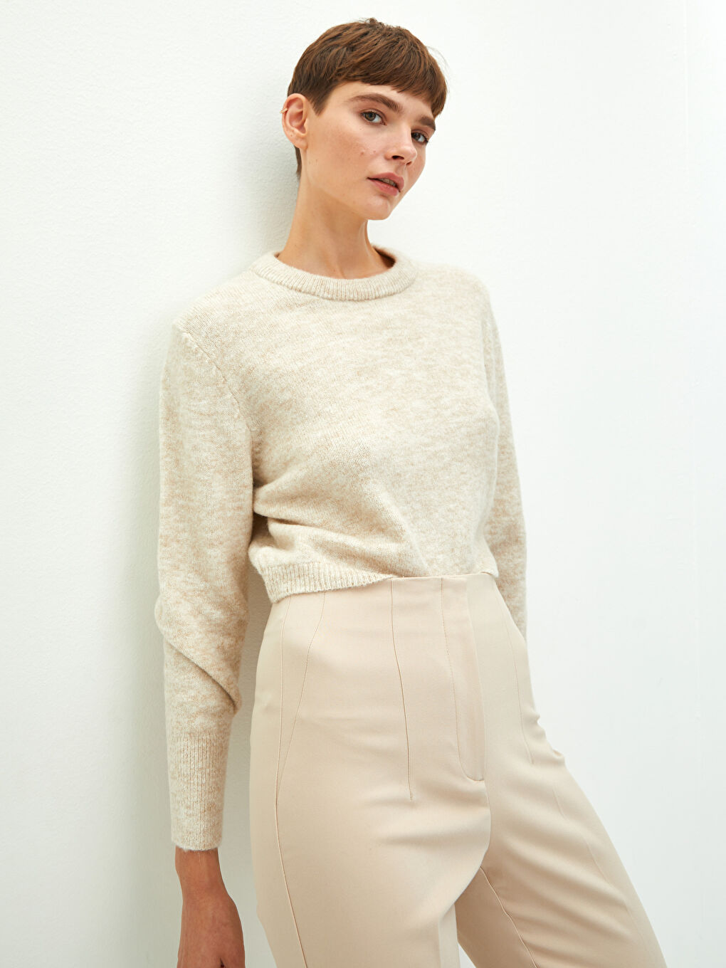 Bej Bisiklet Yaka Düz Uzun Kollu Kadın Kazak-1