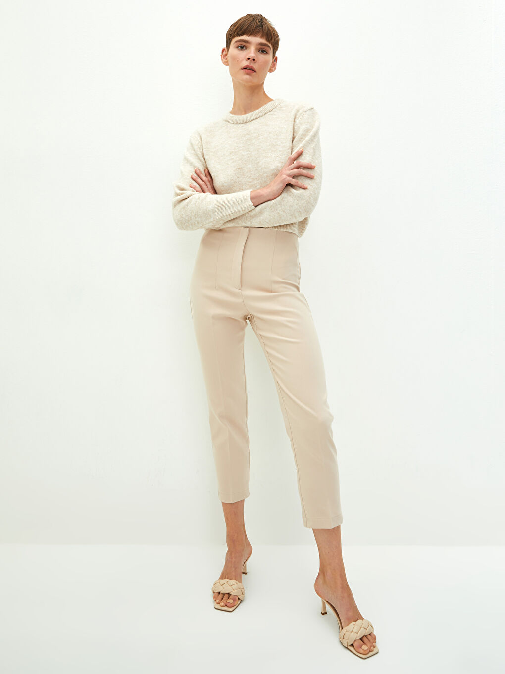 Bej Bisiklet Yaka Düz Uzun Kollu Kadın Kazak-2