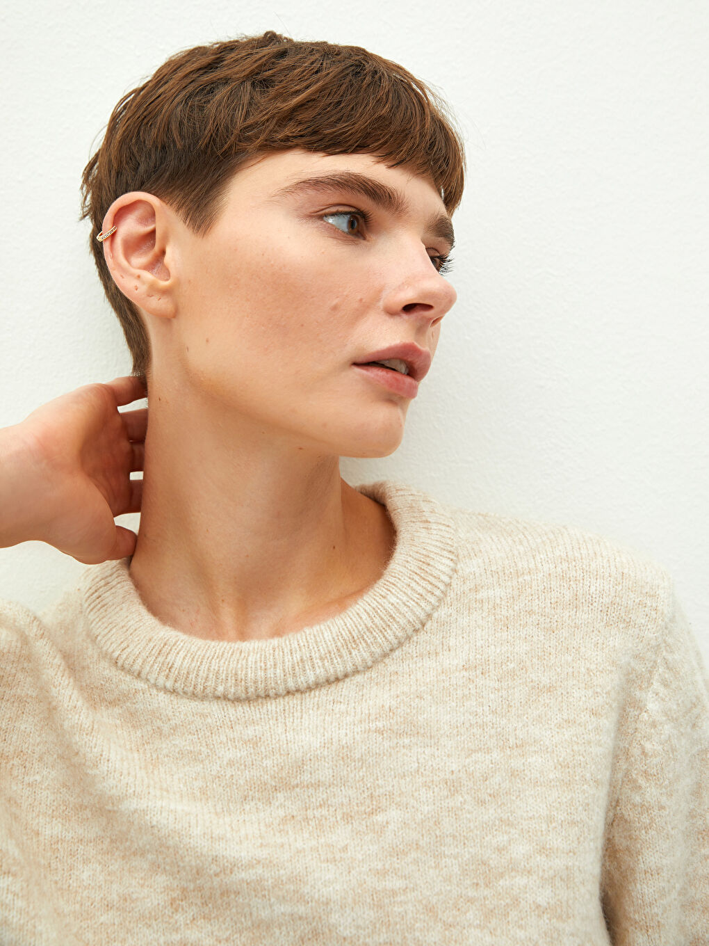 Bej Bisiklet Yaka Düz Uzun Kollu Kadın Kazak-3