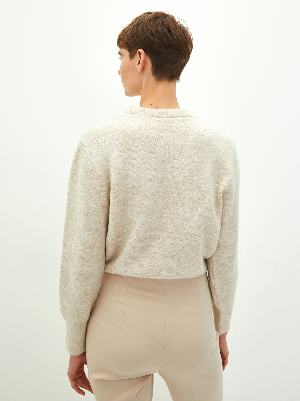 Bej Bisiklet Yaka Düz Uzun Kollu Kadın Kazak-4