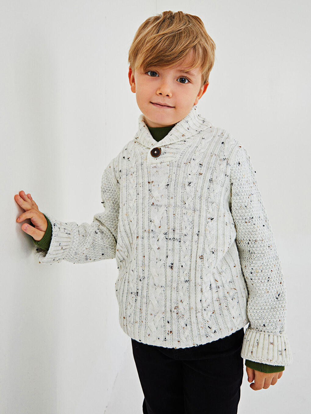 Shawl Collar Braid Pattern Long Sleeve Boy's Knitwear Sweater