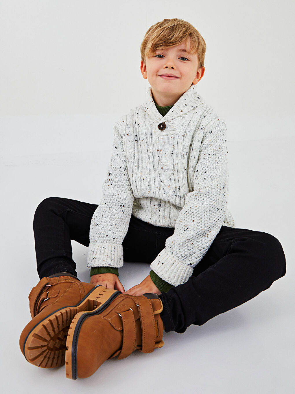 Shawl Collar Braid Pattern Long Sleeve Boy's Knitwear Sweater-2