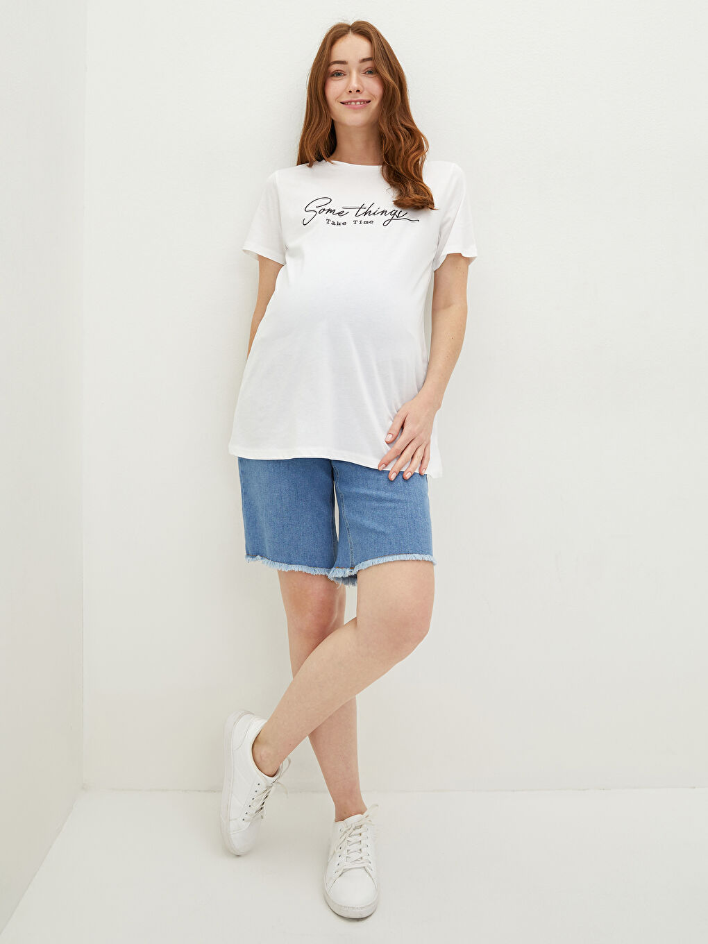 Crew Neck Printed Short Sleeve Cotton Maternity T-shirt-2