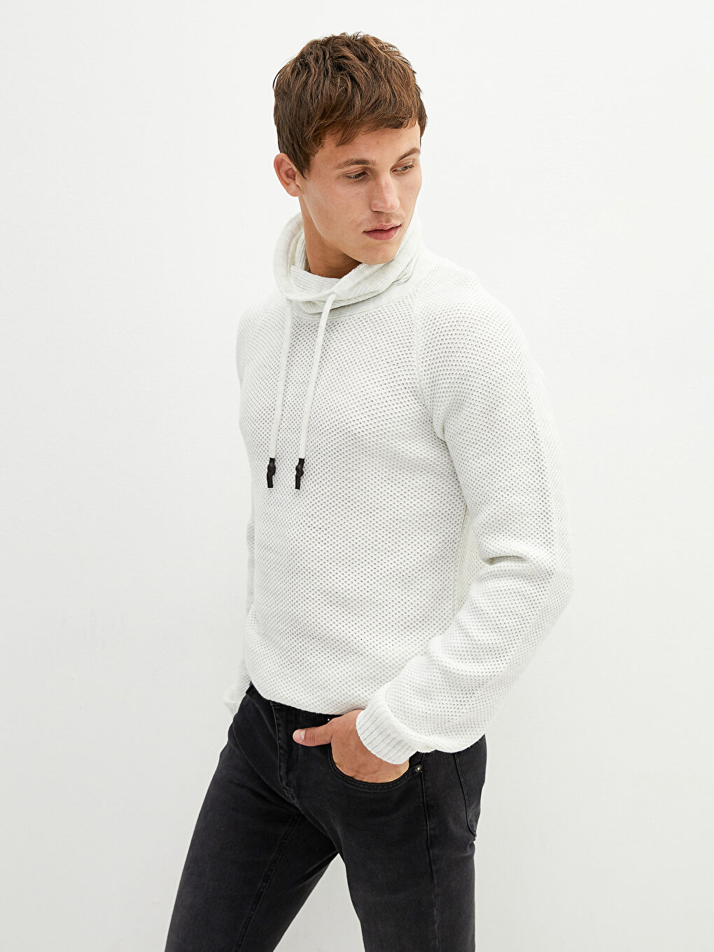 هودي ياقة قمعية كم طويل سترة تريكو للرجال-2