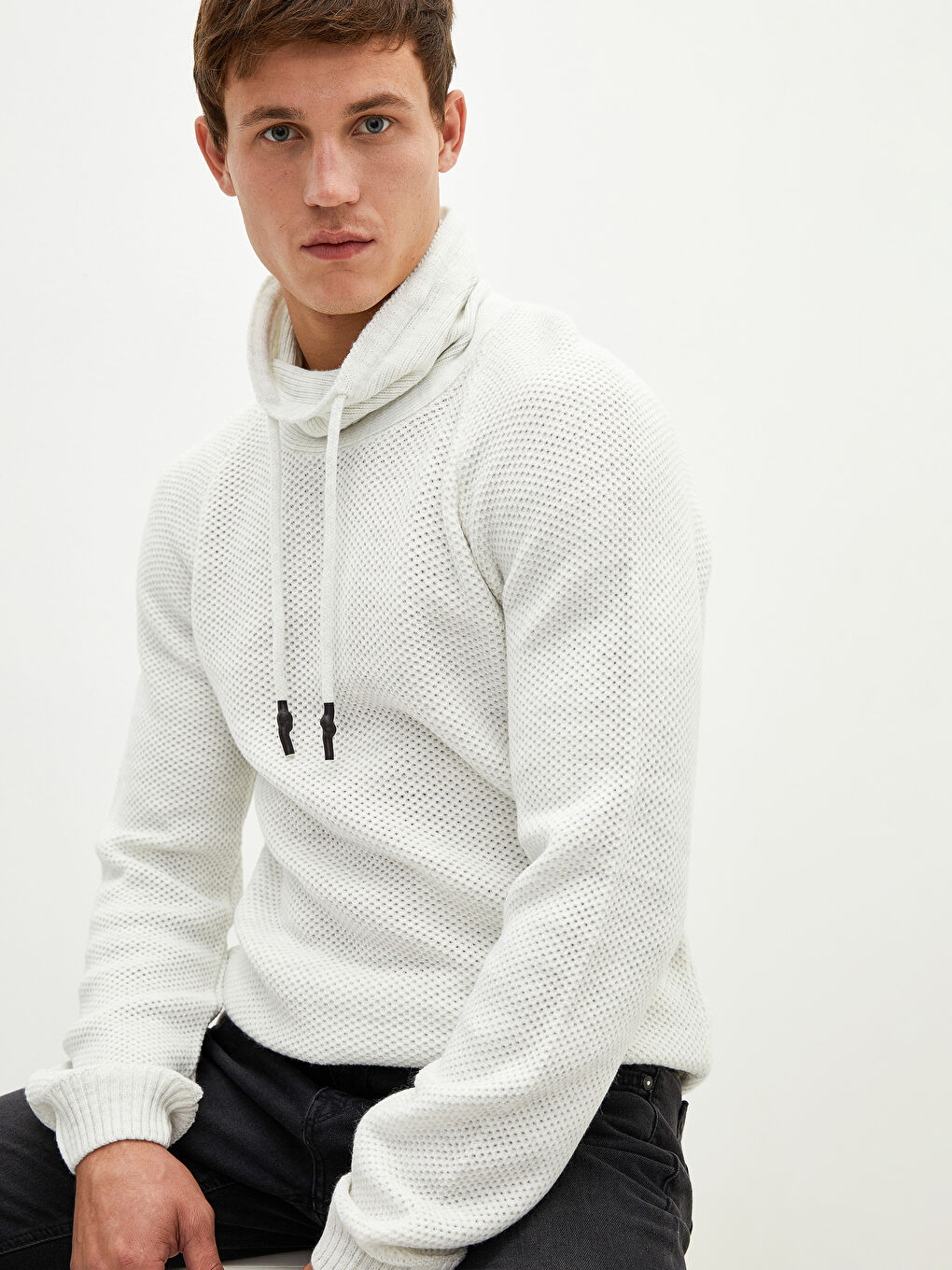 هودي ياقة قمعية كم طويل سترة تريكو للرجال