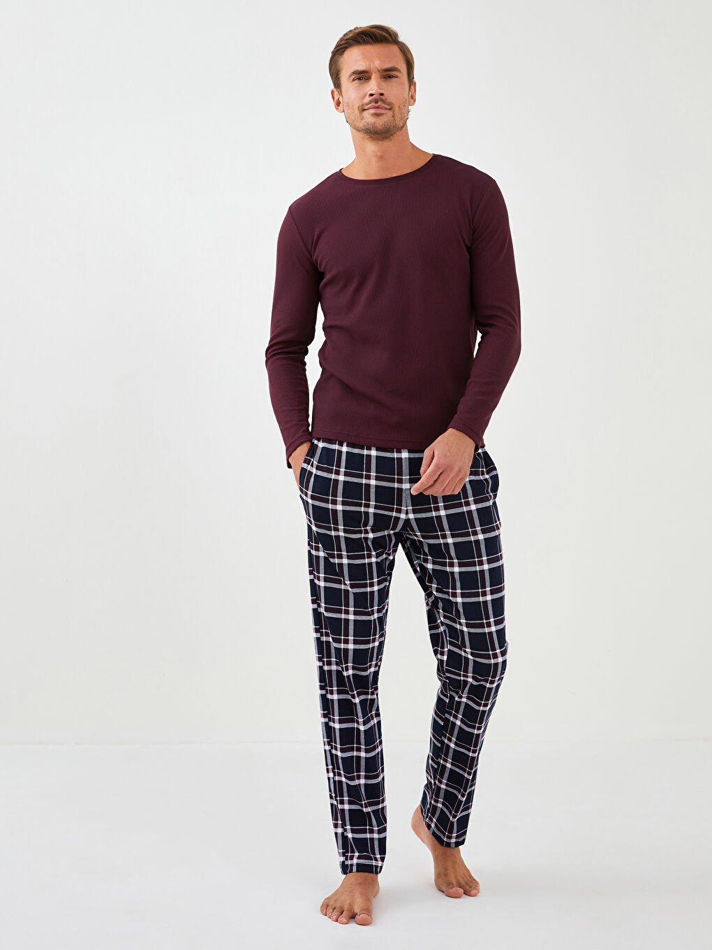 Bordo Standart Kalıp Ekose Erkek Pijama Takımı
