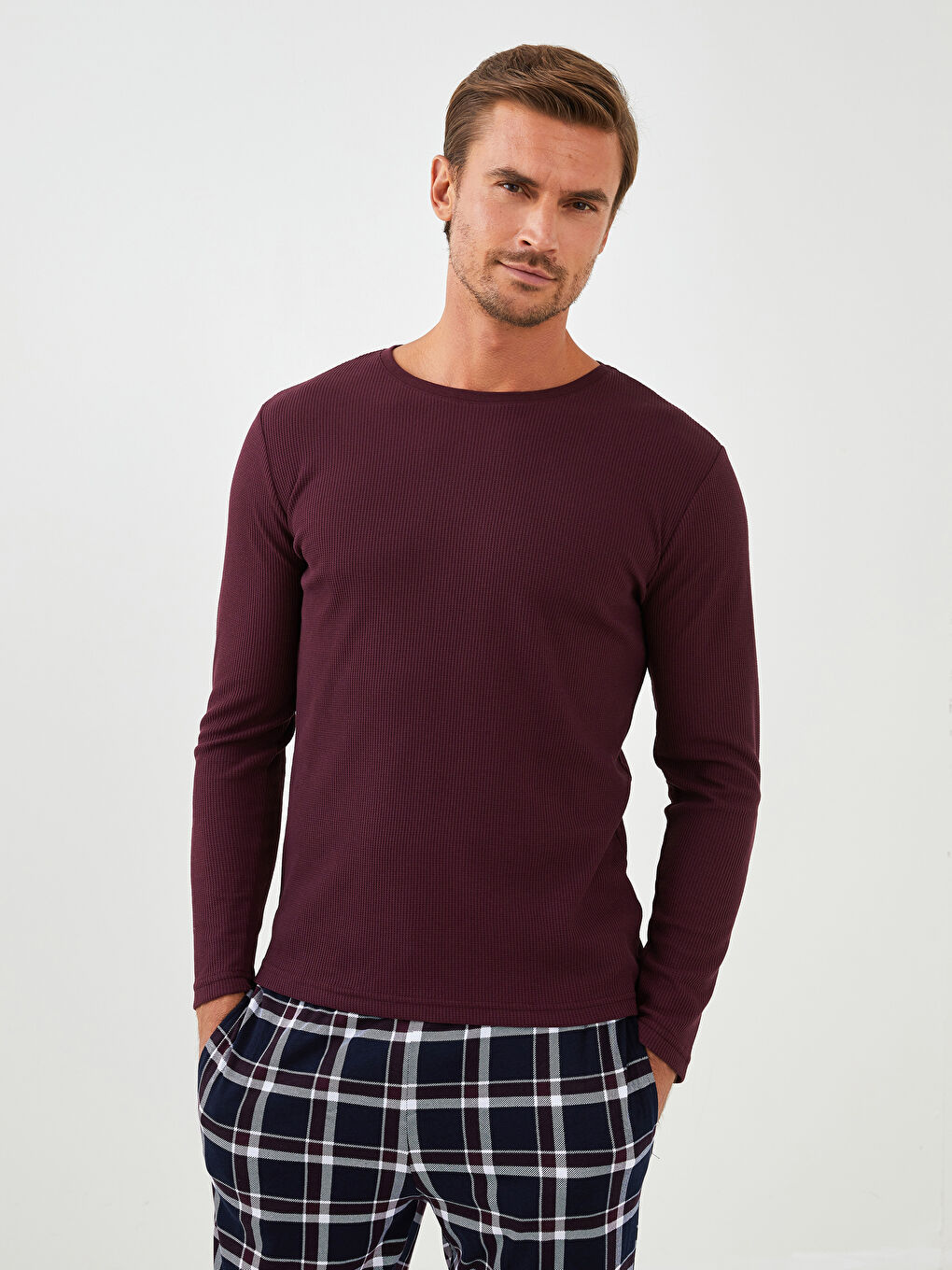 Bordo Standart Kalıp Ekose Erkek Pijama Takımı-2