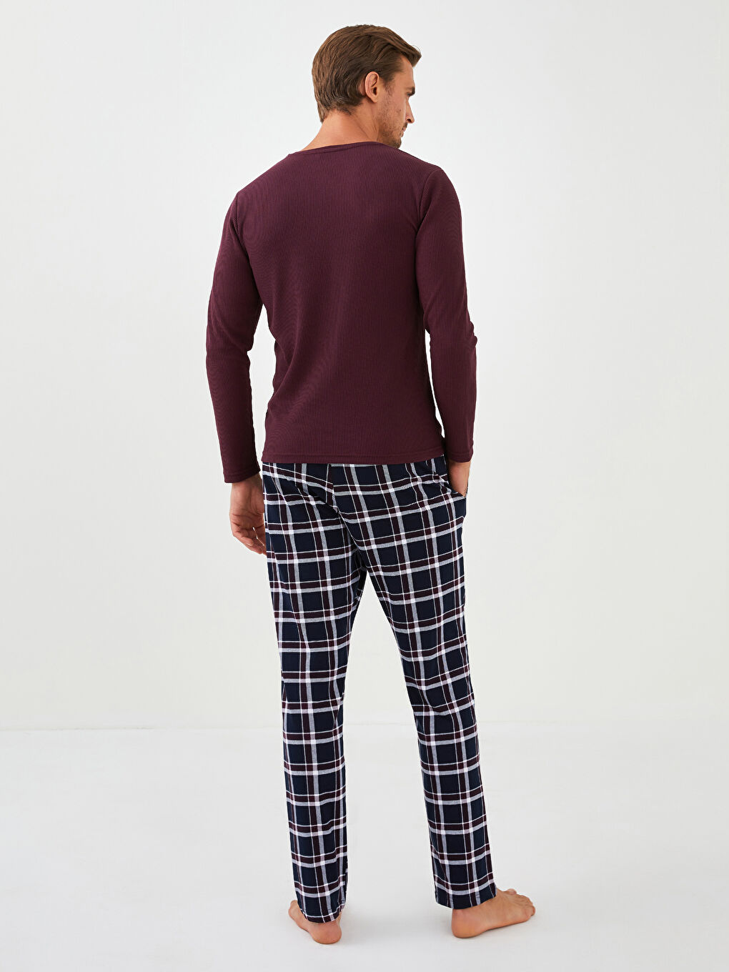 Bordo Standart Kalıp Ekose Erkek Pijama Takımı-4