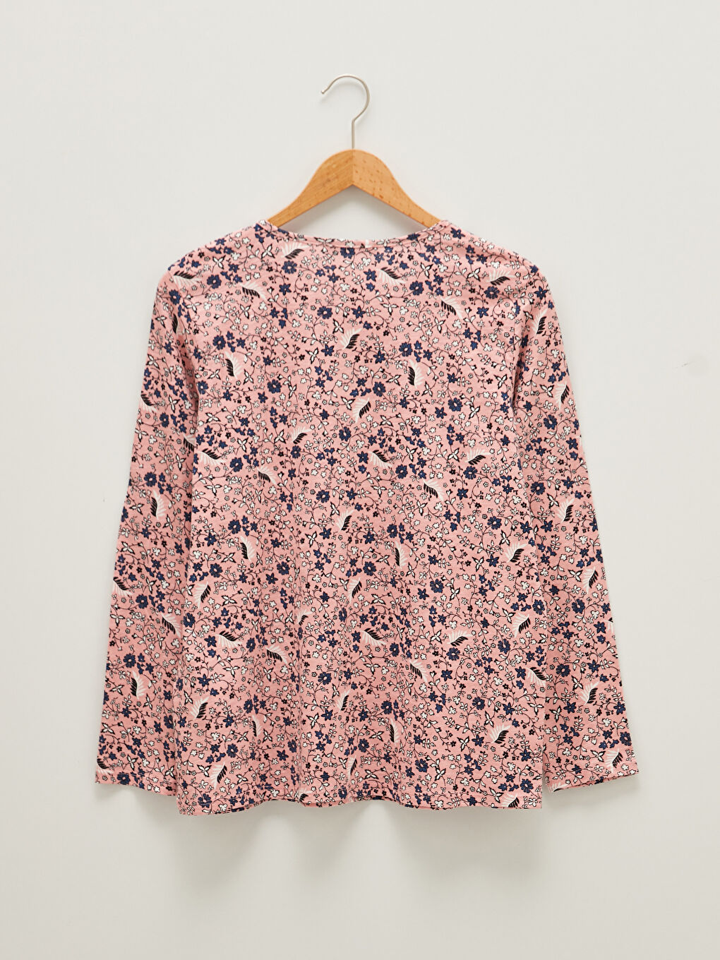 Pembe Bisiklet Yaka Çiçekli Uzun Kollu Kadın Tişört-6