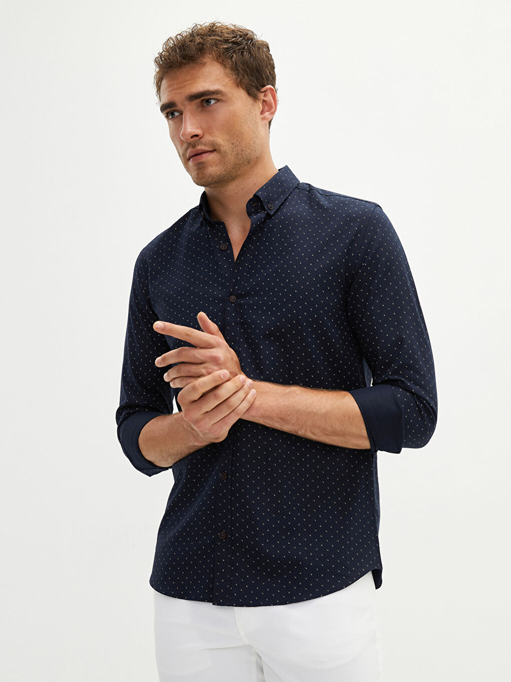 Lacivert Slim Fit Uzun Kollu Oxford Erkek Gömlek-2