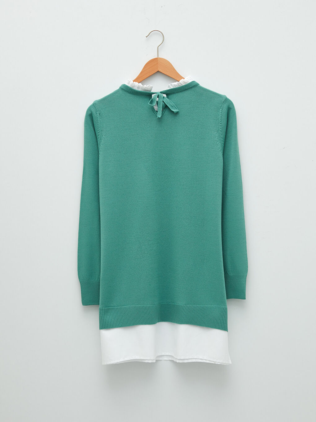 Туника из трикотажа для беременных с оборками, круглым вырезом и длинными рукавами-5