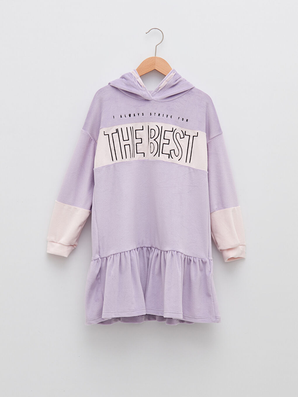 Lila Kapüşonlu Baskılı Uzun Kollu Kadife Kız Çocuk Elbise