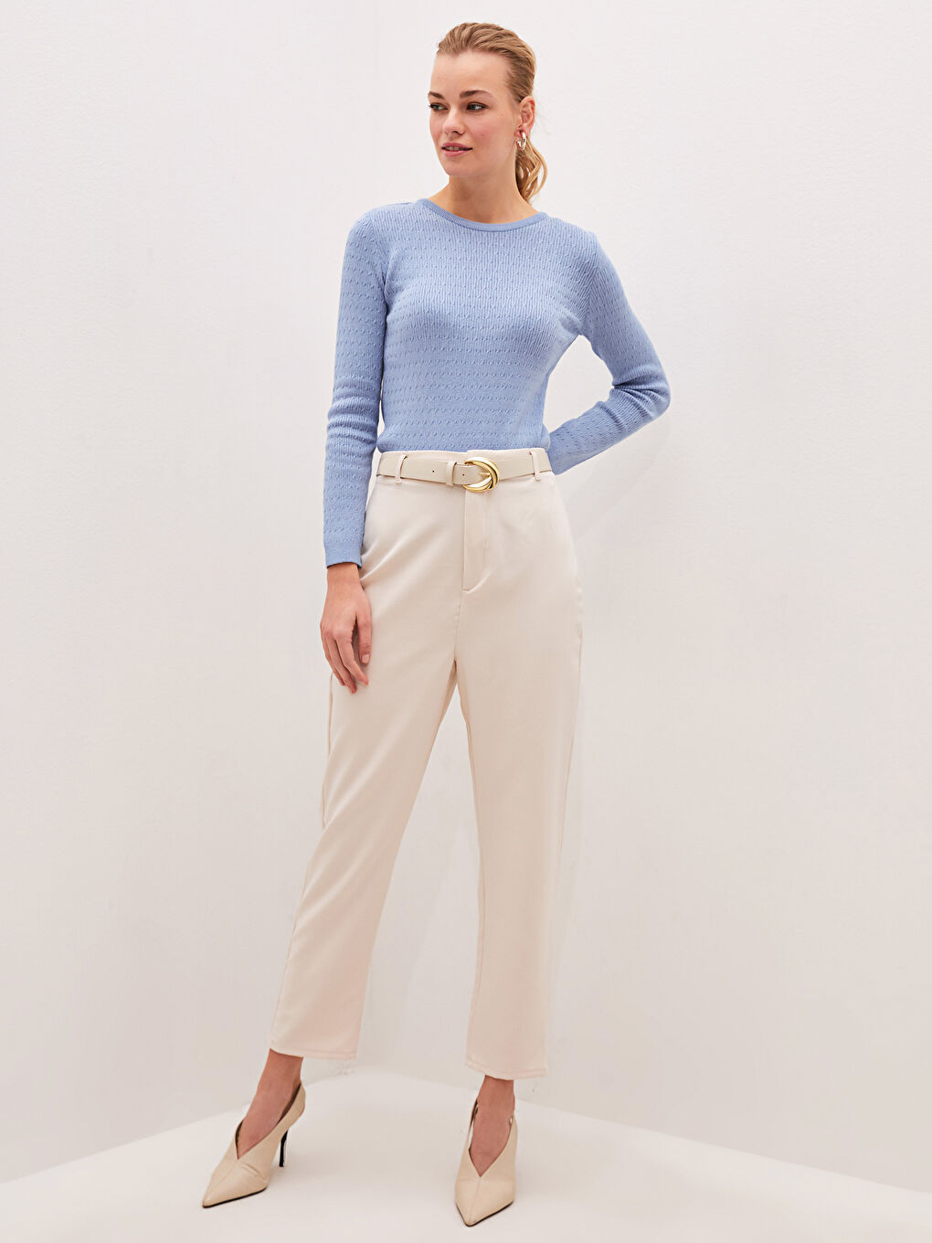 Mavi Bisiklet Yaka Kendinden Desenli Uzun Kollu Kadın Triko Kazak-2