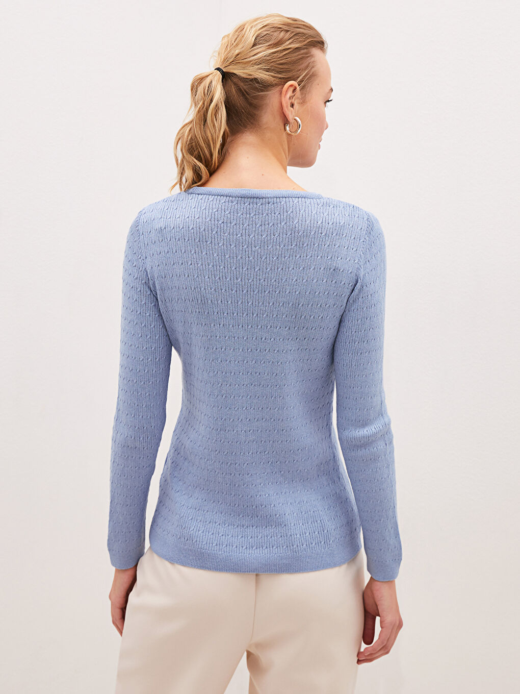 Mavi Bisiklet Yaka Kendinden Desenli Uzun Kollu Kadın Triko Kazak-3