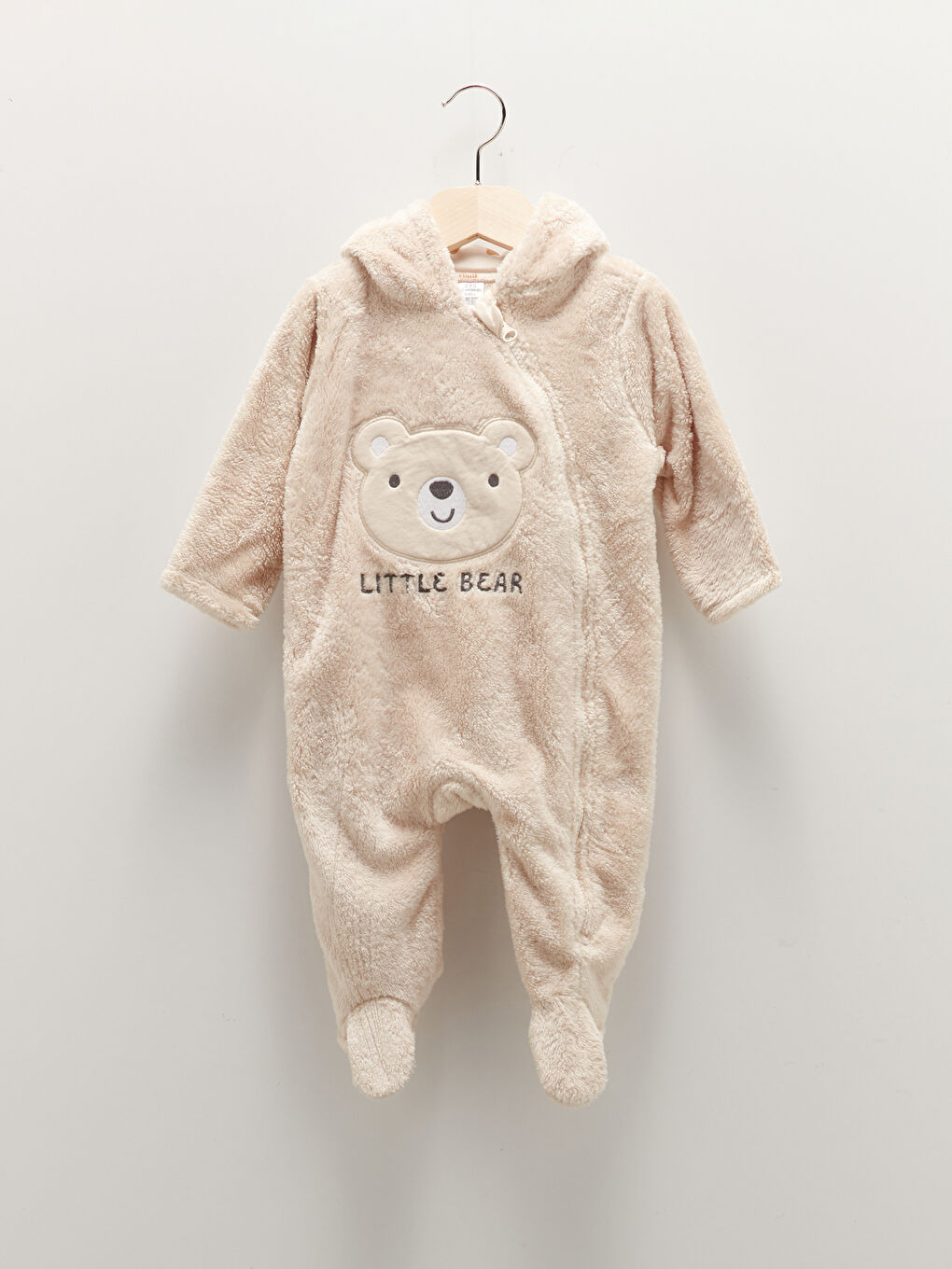 Bej Kapüşonlu Uzun Kollu Erkek Bebek Pelüş Tulum