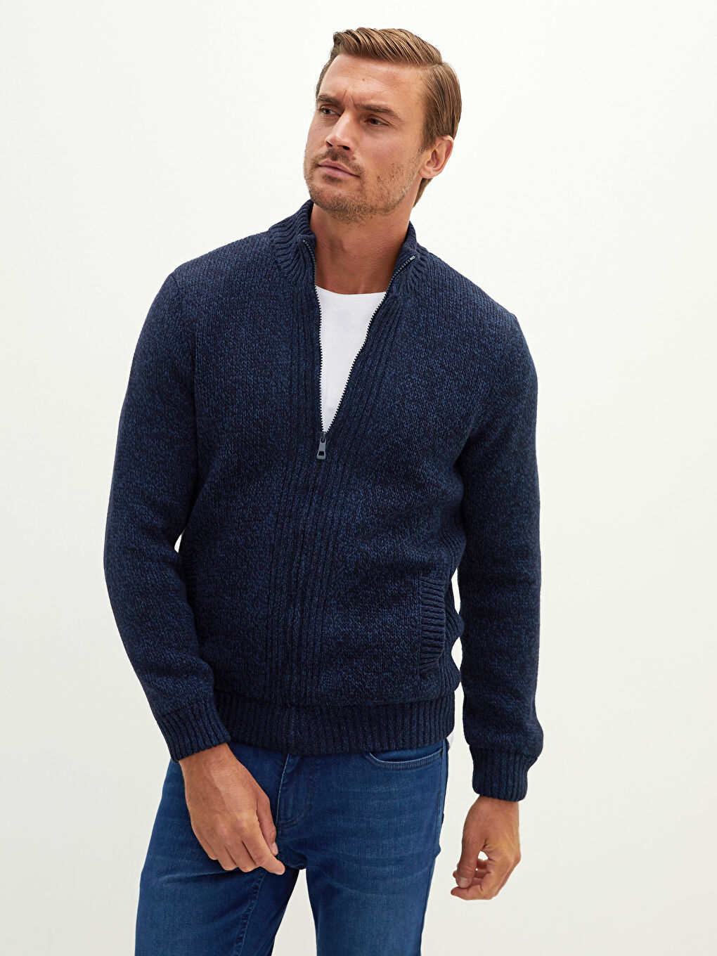 Cardigan en Tricot à Manches Longues avec Col Roulé pour Hommes de Coupe Standard-1