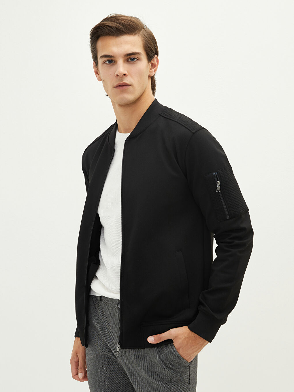 Slim Fit College Neck Men's Bomber Cardigan -W13866Z8-CVL