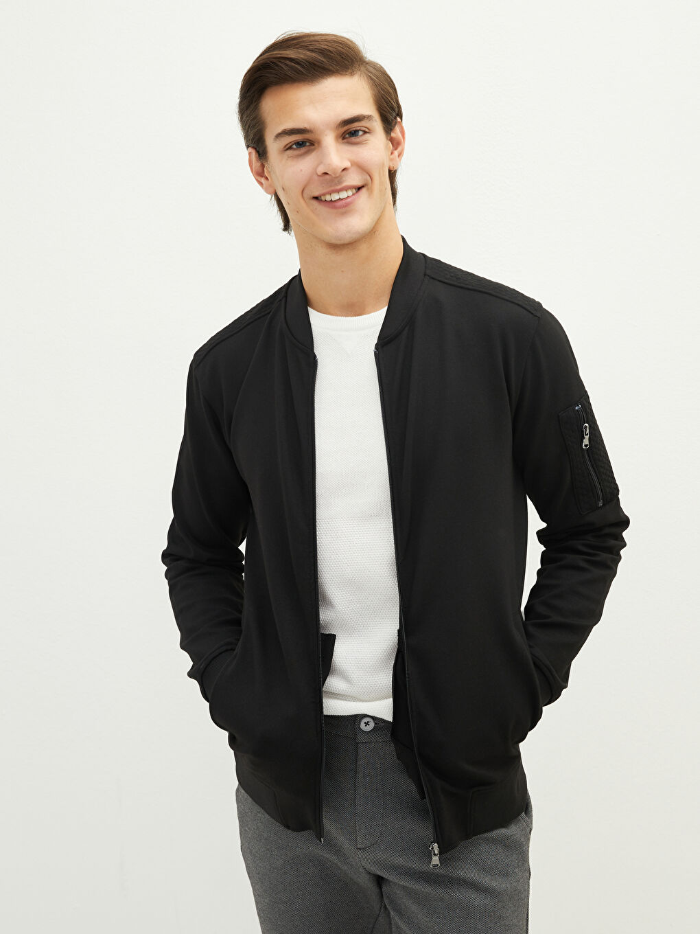 Slim Fit College Neck Men's Bomber Cardigan -W13866Z8-CVL