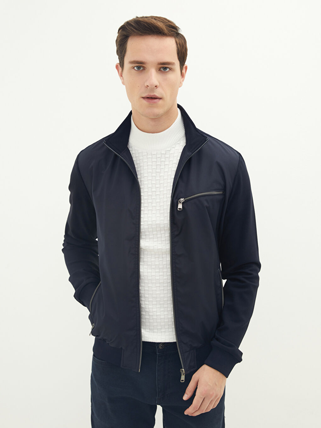 Lacivert Slim Fit Dik Yaka İnce Erkek Hırka