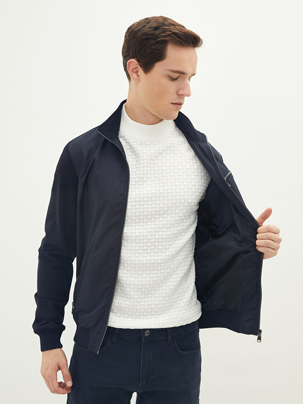 Lacivert Slim Fit Dik Yaka İnce Erkek Hırka-1