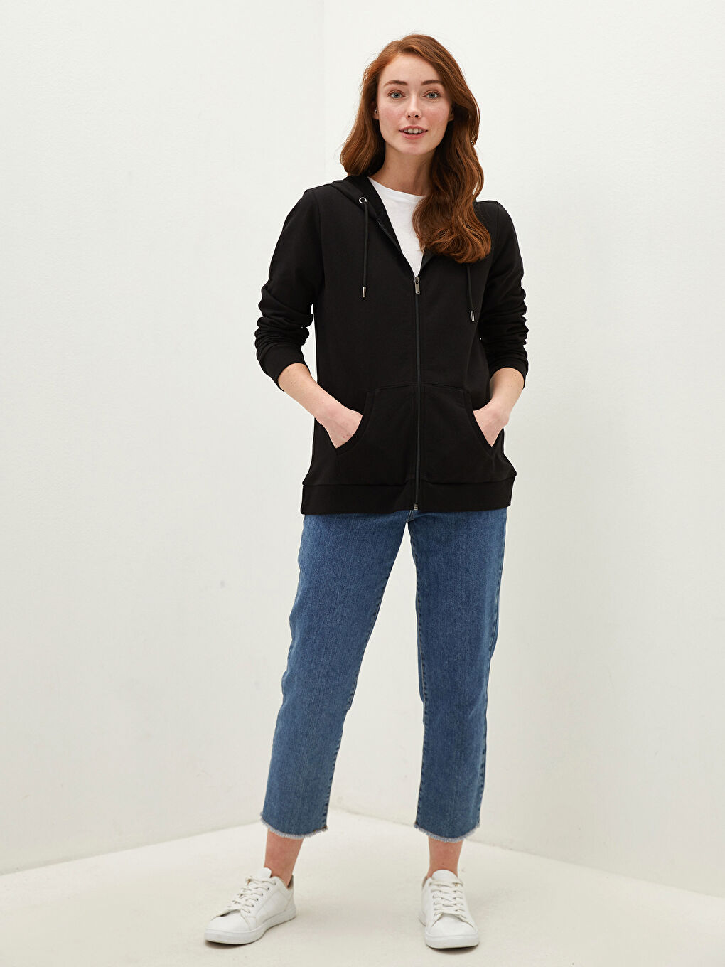 Hooded Collar Straight Long Sleeve Zipper Closure Women's Sports Cardigan-3